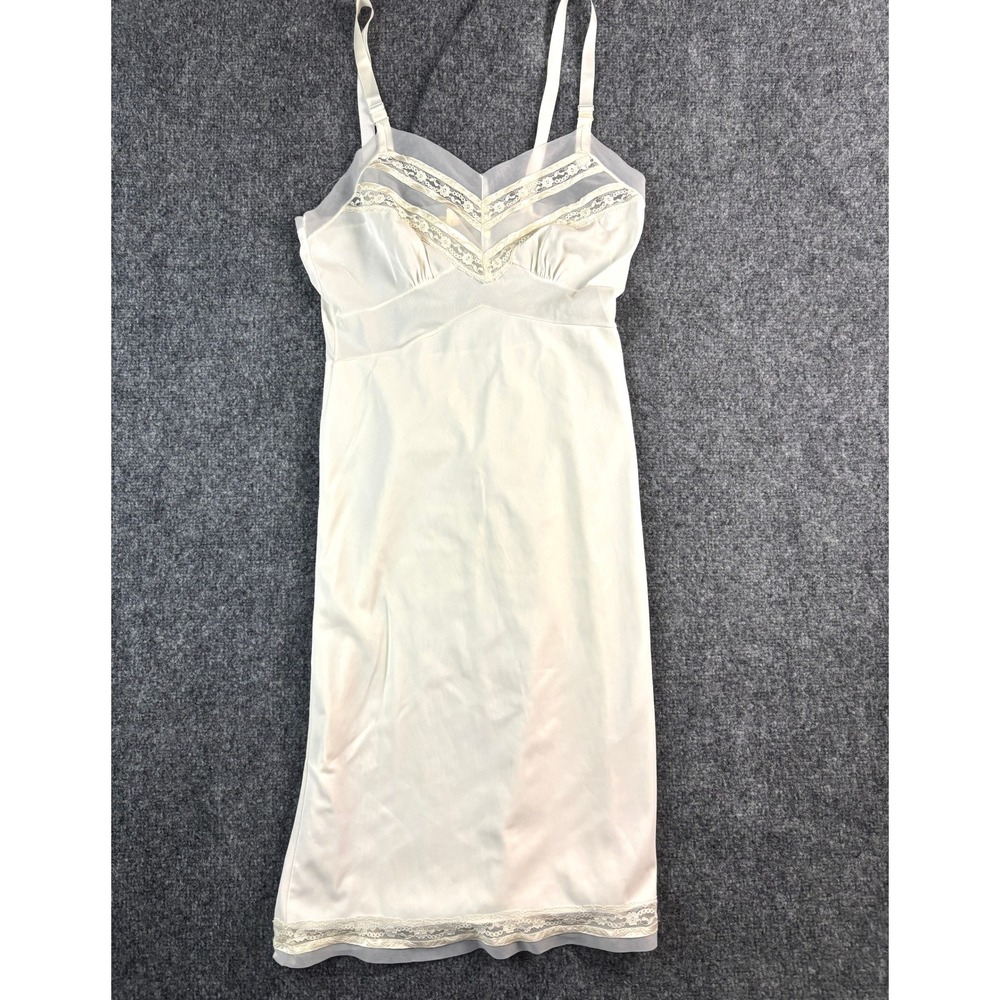 Vintage Ivory Full Slip Size 36 Lace Trim Adjustable Straps Nylon Lingerie Flaws